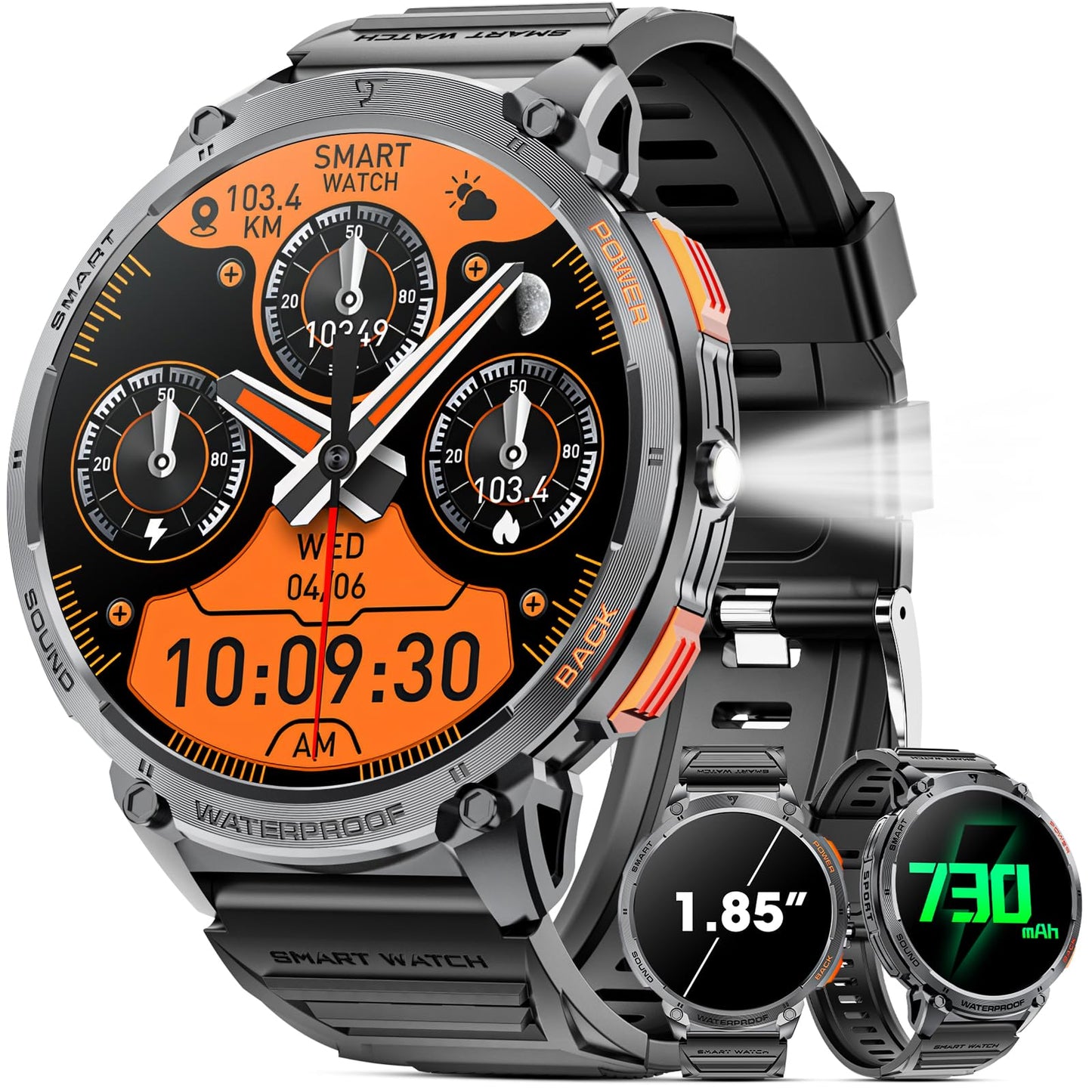 Military Smart Watch for Men 1.85" HD Touch Screen 730mAh Battery Smart Watches with LED Flashlight for Android iOS (Bluetooth Call Answer/Dial Calls) Fitness Tracker with Heart Rate Blood
