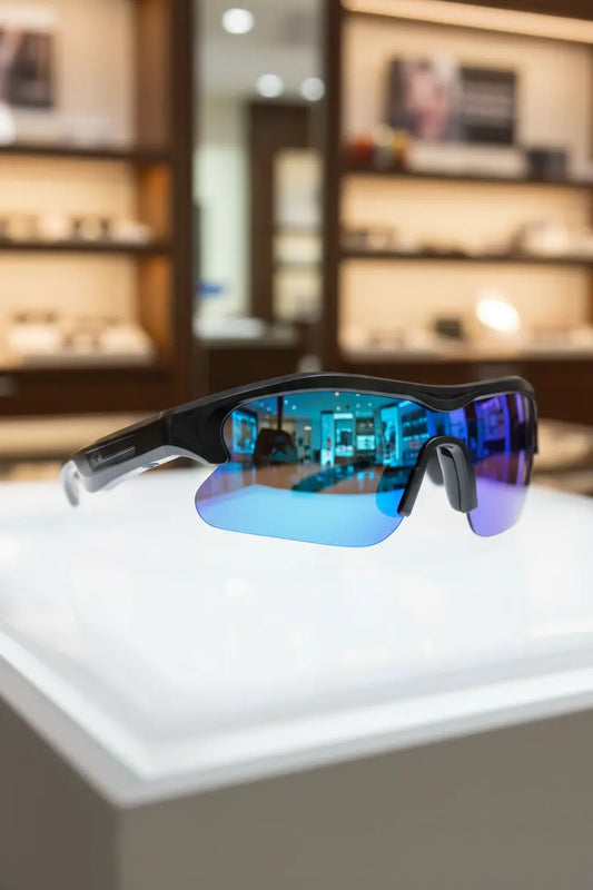 WOWRIO Smart Sport Glasses For Cycling Scootering Walking Bluetooth Sunglasses for Men & Women: IPX4 Rated Open Ear Stereo Audio All-Day Comfort & UV Protection Black Blue Light Glasses