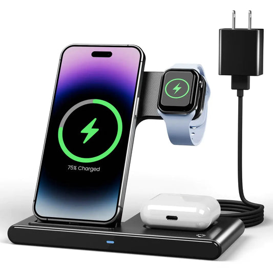 Wireless Charger iPhone Charging Station: 3 in 1 Charger Stand Multiple Devices for Apple - iPhone 16 15 14 Pro Max 13 12 11 - Watch 10 9 8 7 6 5 4 3 2 SE and Ultra Series - Airpods 4 3 2 Pro The Blue Coil