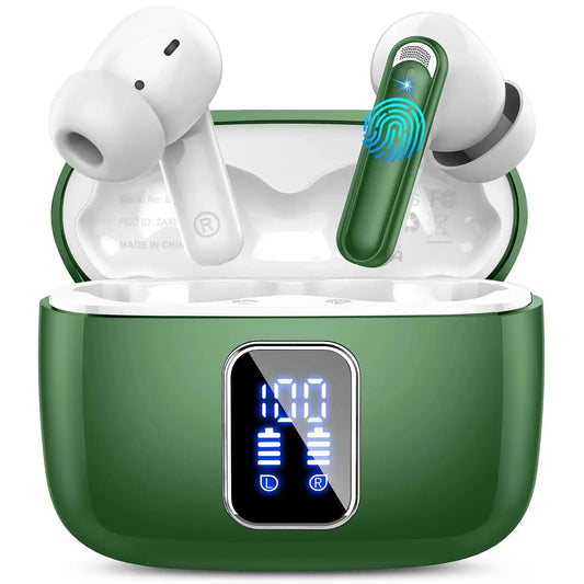 Wireless Earbuds Bluetooth 5.3 Headphones Ear Buds Wireless Earbuds Bluetooth with 4 ENC Noise Cancelling Mic 48H Playtime Stereo LED Power Display IP7 Waterproof Wireless Earphones Pure Green Blue Coil Tech