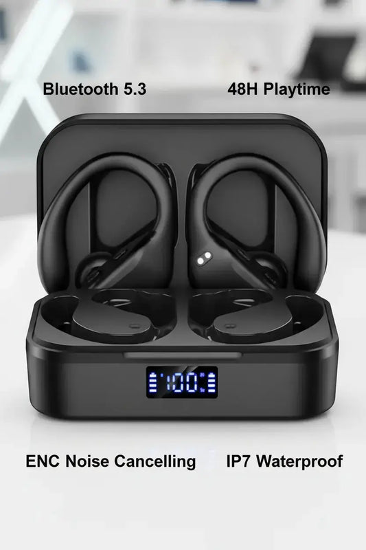 Wireless Earbuds Bluetooth 5.3 Headphones Stereo Bass ENC Noise Cancelling Mic HD Call Over Ear buds with Soft Earhooks for Sports 48H Playtime LED Display IP7 Waterproof Earphones for Android iOS Blue Coil Tech