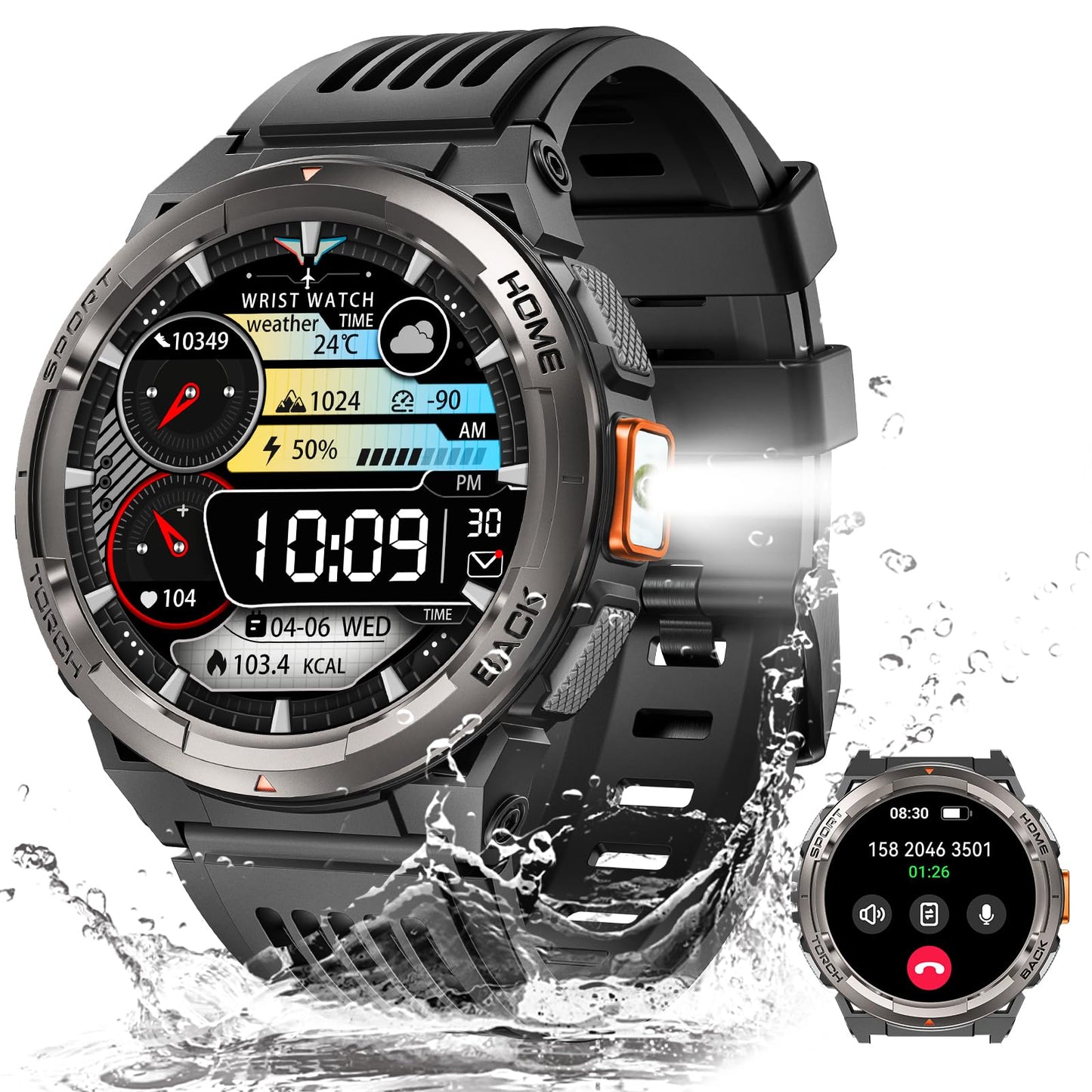 Military Smart Watch for Men with Call/LED Flashlight/3ATM Waterproof 1.45" HD Rugged Tactical Smartwatch with Compass Elevation Barometer Fitness Tracker with HR/SPO2/Sleep Monitor for iPhone Android