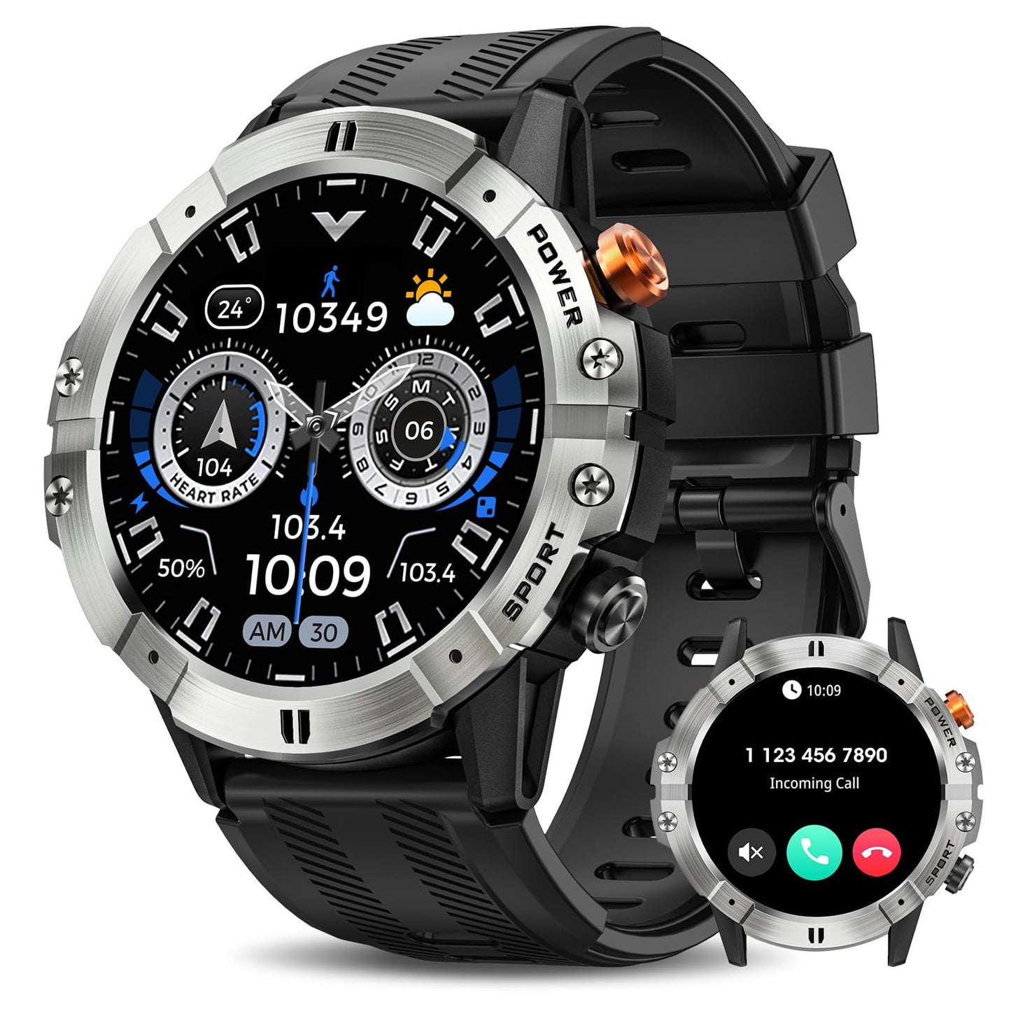 Smart Watches for Men Bluetooth Call Military Smart Watch Waterproof Fitness Tracker with Heart Rate/Blood Oxygen/Sleep Monitor/124 Sports Modes Tactical Watch for Android Phones & iPhone (Silver)