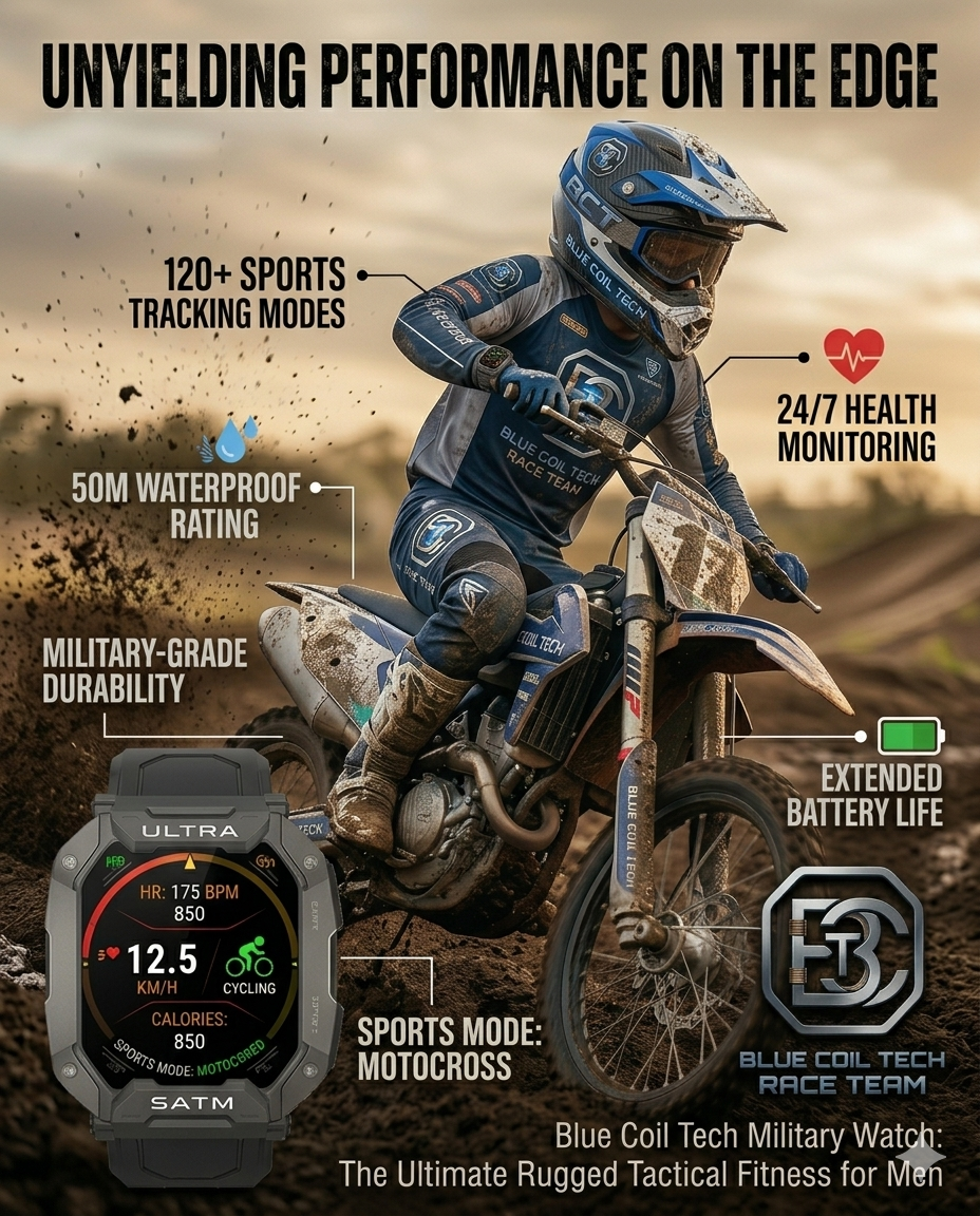 Blue Coil Tech Military Smart Watch for Men - Rugged Tactical 5ATM Waterproof Fitness Tracker with Bluetooth Calls, Heart Rate & Blood Pressure Monitor (iOS/Android)