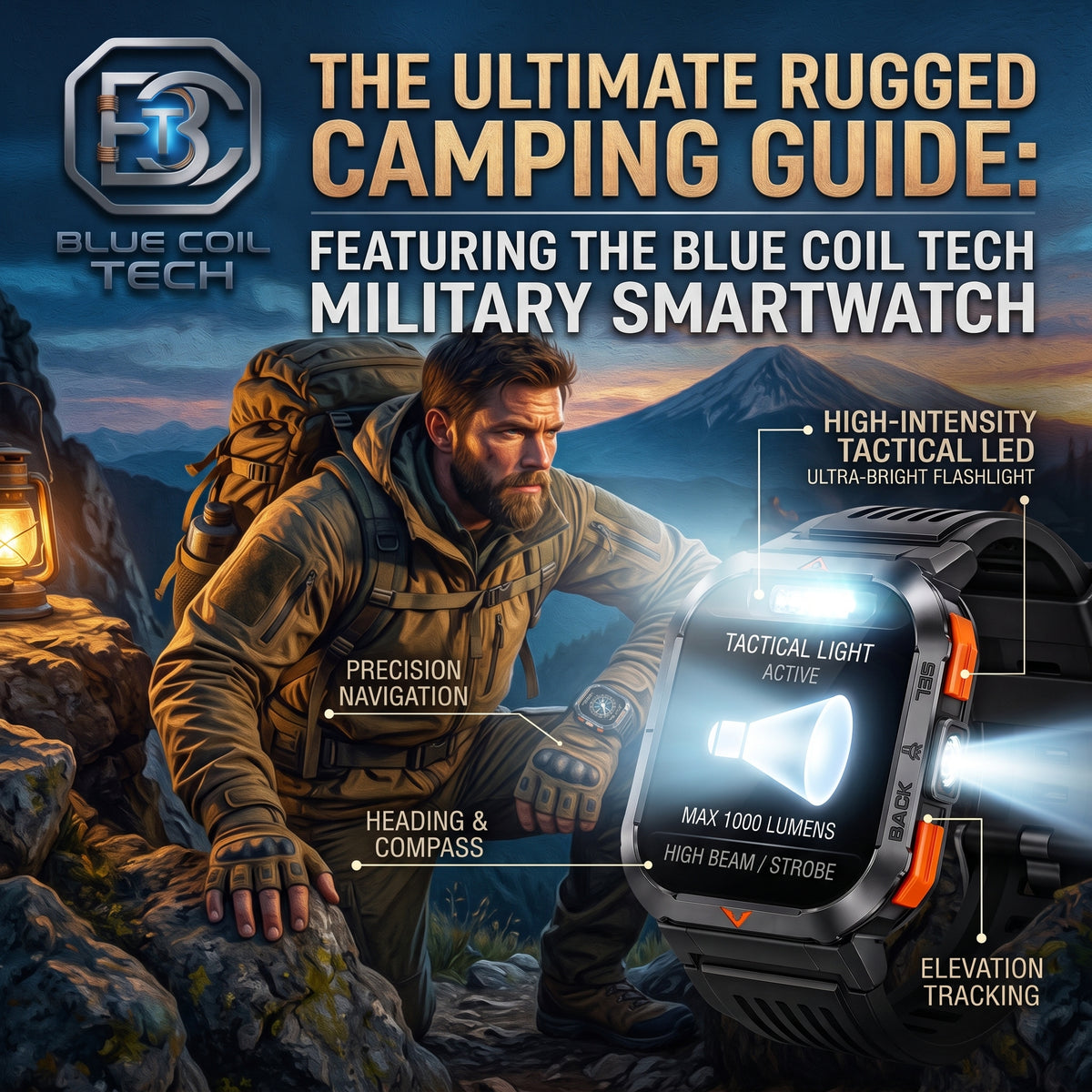 A Graphic for the Blue Coil Tech Military Smartwatch, featuring a rugged outdoor scene with a man hiking in mountains while the smartwatch is shown in the foreground with its tactical flashlight turned on and labeled callouts.