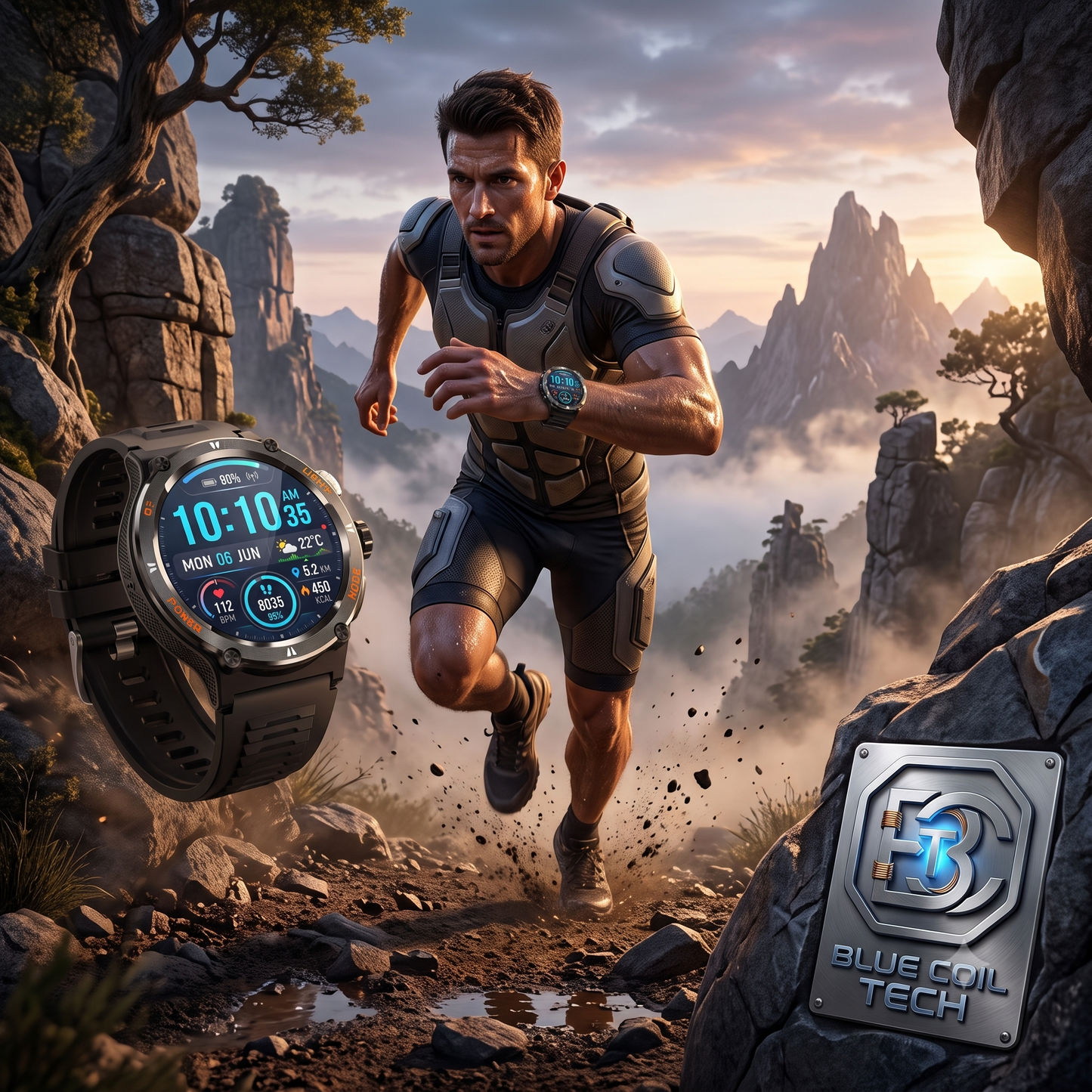 Trail runner near a floating smartwatch an Blue Coil Tech rock logo.