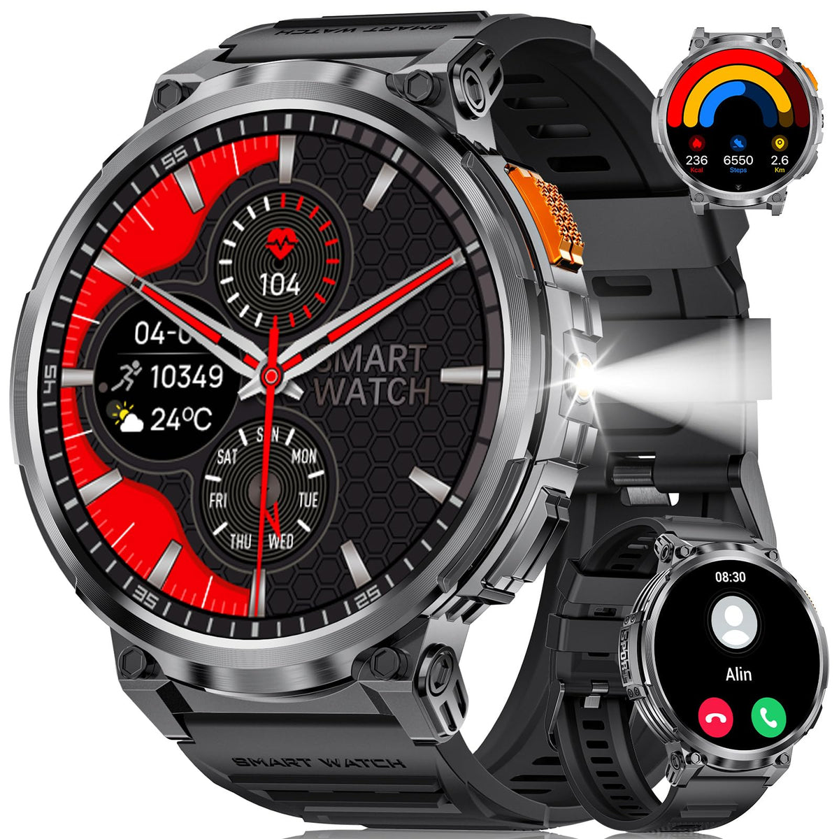 FOXBOX 1.85" IPS Ultra Screen Smartwatch with LED Flashlight for Android iOS 55mm Military Smart Watches for Men IP68 Waterproof Make/Answer Call 24H Heart Rate 730mAh 100+ Sports