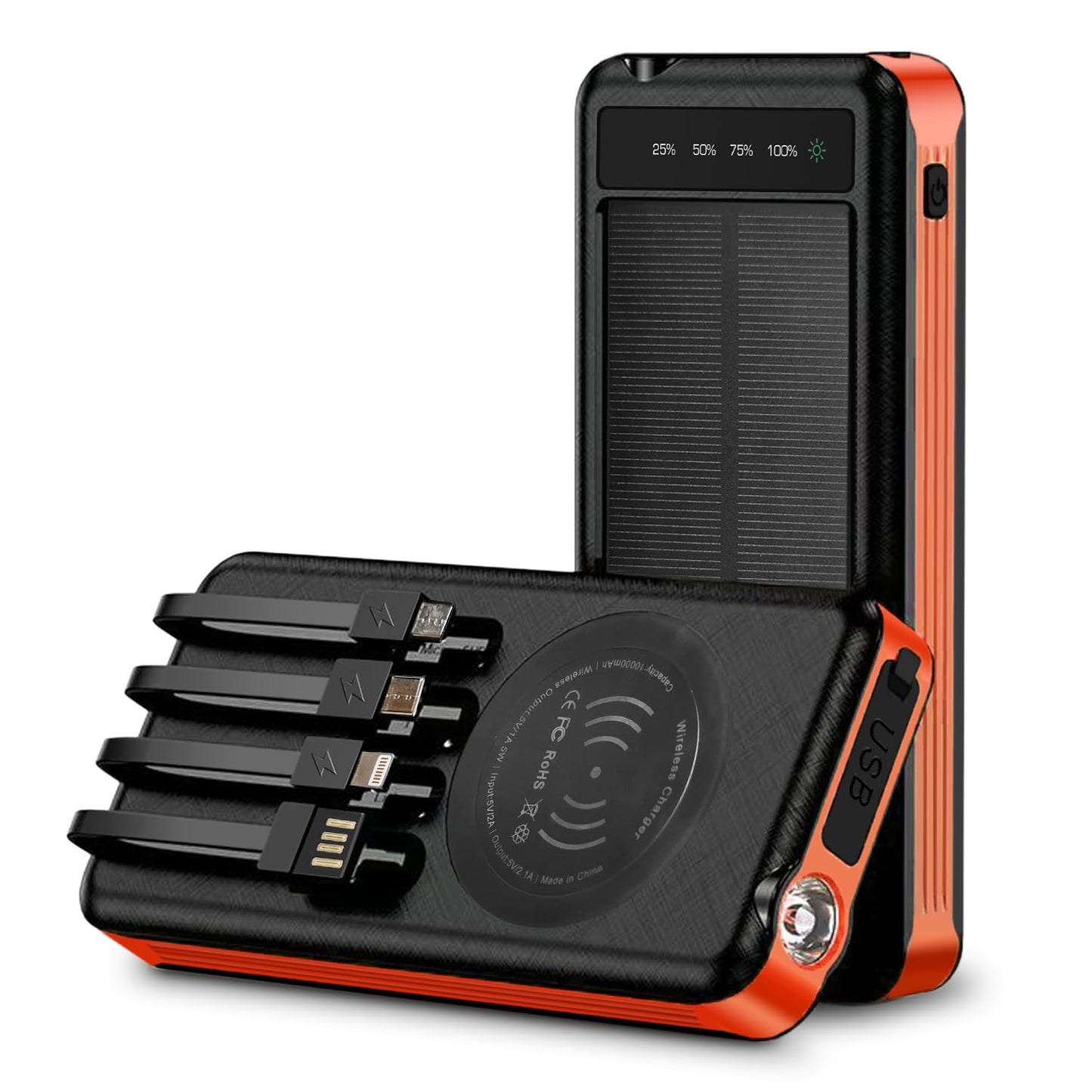 Outdoor Solar Portable Power Bank with Wireless Charging Built-in Charging Cables 10000mAh Battery IP65 Waterproof Dustproof Digital Power Indicator LED Flashlight High Conversion Efficiency