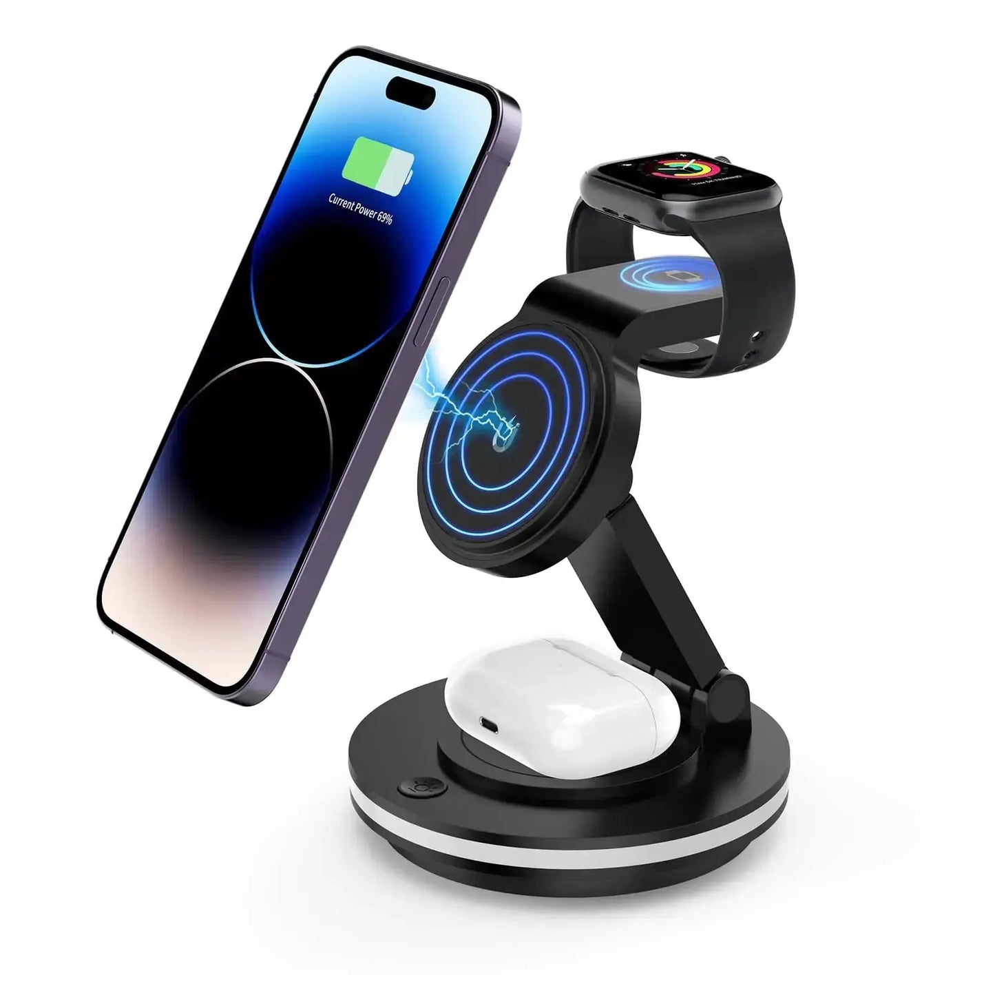 3 in 1 Charging Station for Apple Devices 15W Fast Charger Stand Magnetic Wireless Charger Station Rotatable & Foldable with Night Light for iPhone15/14/13/12/Apple Watch/AirPods (Black) The Blue Coil