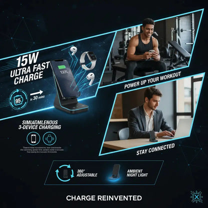 3 in 1 Charging Station for Apple Devices 15W Fast Charger Stand Magnetic Wireless Charger Station Rotatable & Foldable with Night Light for iPhone15/14/13/12/Apple Watch/AirPods (Black) The Blue Coil