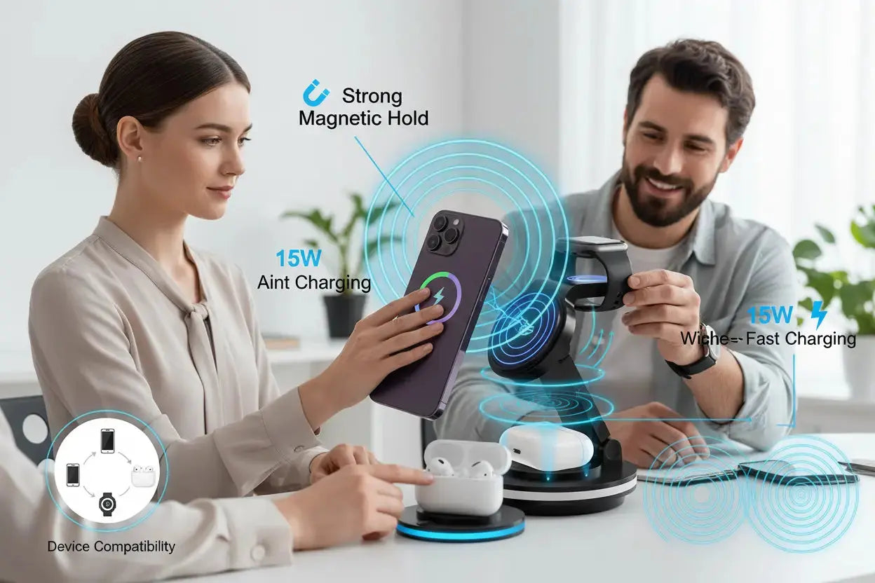 3 in 1 Charging Station for Apple Devices 15W Fast Charger Stand Magnetic Wireless Charger Station Rotatable & Foldable with Night Light for iPhone15/14/13/12/Apple Watch/AirPods (Black) The Blue Coil