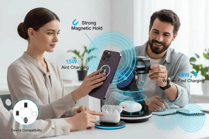 3 in 1 Charging Station for Apple Devices 15W Fast Charger Stand Magnetic Wireless Charger Station Rotatable & Foldable with Night Light for iPhone15/14/13/12/Apple Watch/AirPods (Black) The Blue Coil