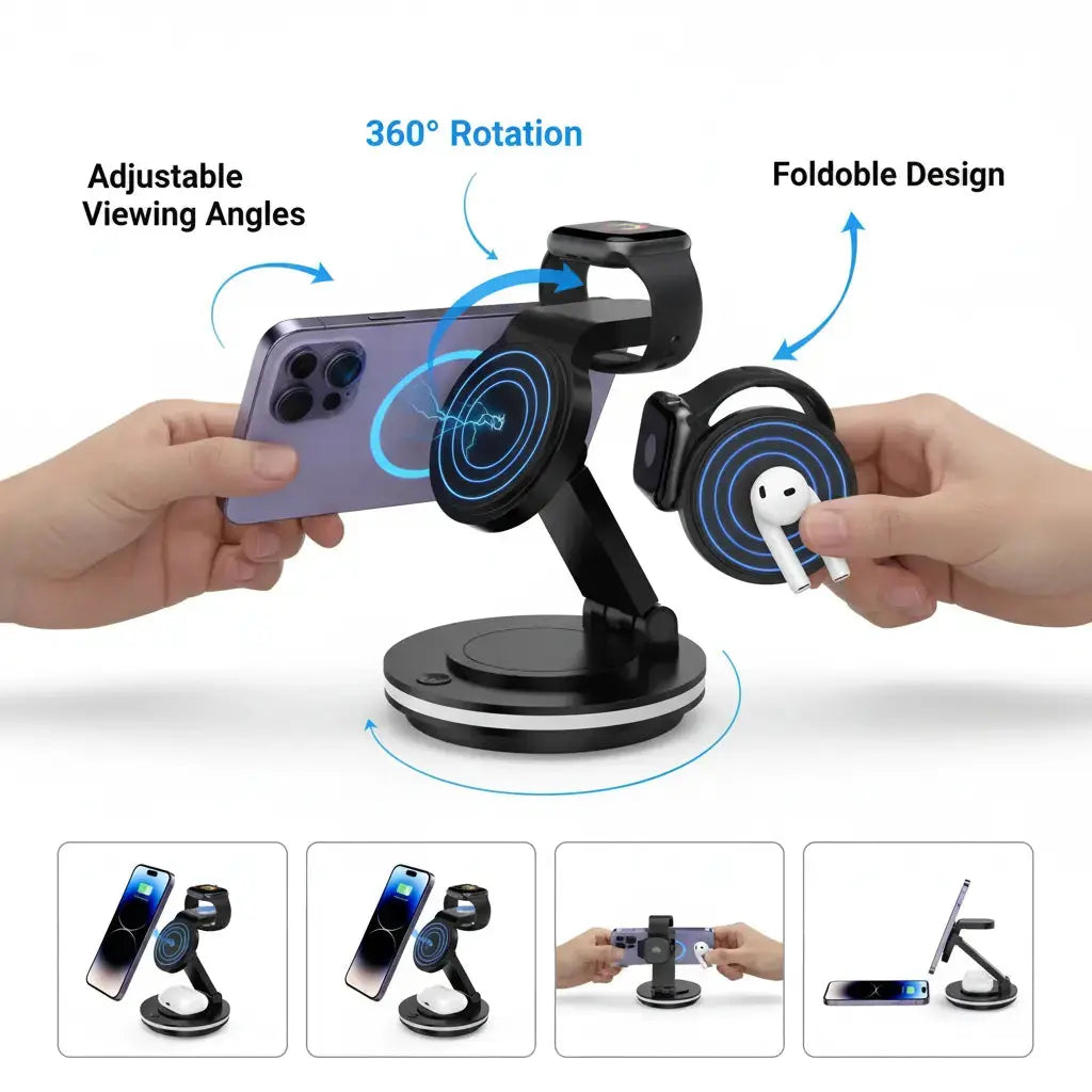 3 in 1 Charging Station for Apple Devices 15W Fast Charger Stand Magnetic Wireless Charger Station Rotatable & Foldable with Night Light for iPhone15/14/13/12/Apple Watch/AirPods (Black) The Blue Coil