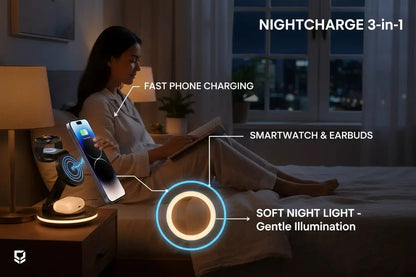 3 in 1 Charging Station for Apple Devices 15W Fast Charger Stand Magnetic Wireless Charger Station Rotatable & Foldable with Night Light for iPhone15/14/13/12/Apple Watch/AirPods (Black) The Blue Coil