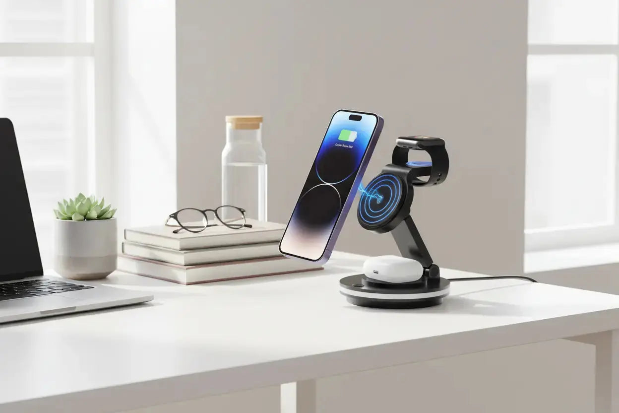 3 in 1 Charging Station for Apple Devices 15W Fast Charger Stand Magnetic Wireless Charger Station Rotatable & Foldable with Night Light for iPhone15/14/13/12/Apple Watch/AirPods (Black) The Blue Coil