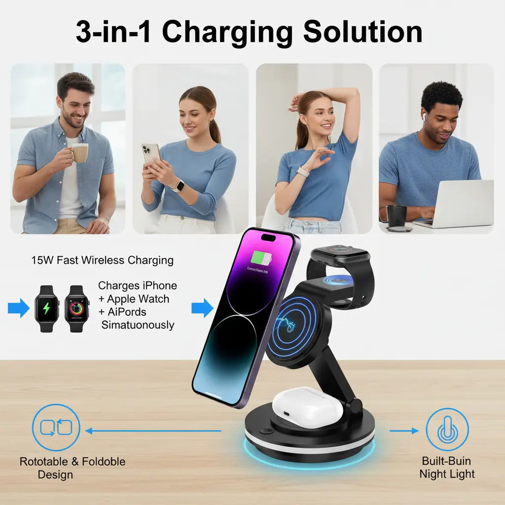 3 in 1 Charging Station for Apple Devices 15W Fast Charger Stand Magnetic Wireless Charger Station Rotatable & Foldable with Night Light for iPhone15/14/13/12/Apple Watch/AirPods (Black) The Blue Coil