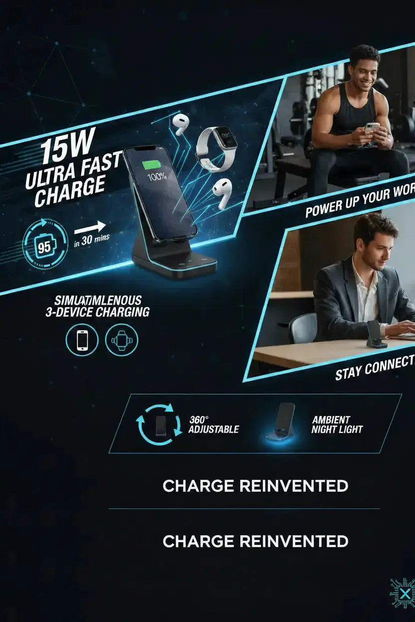 3 in 1 Charging Station for Apple Devices 15W Fast Charger Stand Magnetic Wireless Charger Station Rotatable & Foldable with Night Light for iPhone15/14/13/12/Apple Watch/AirPods (Black)