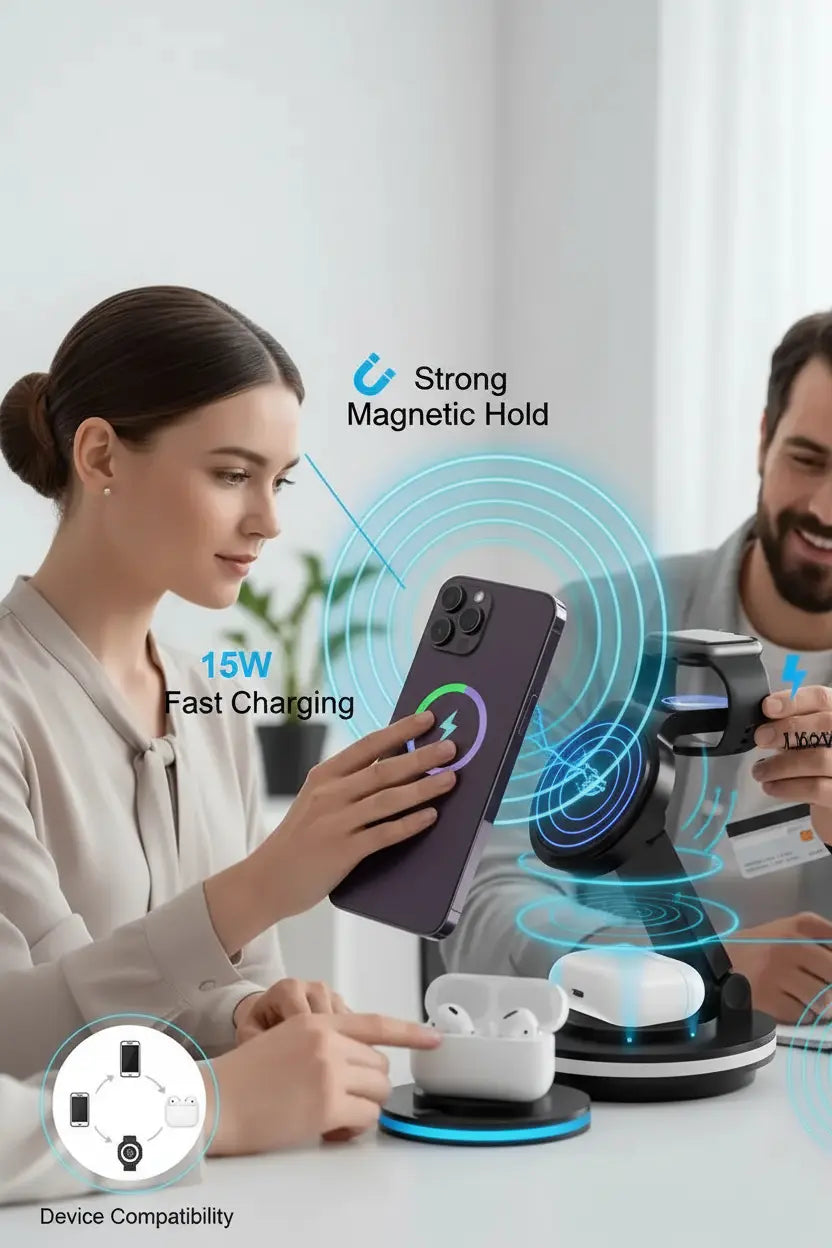 3 in 1 Charging Station for Apple Devices 15W Fast Charger Stand Magnetic Wireless Charger Station Rotatable & Foldable with Night Light for iPhone15/14/13/12/Apple Watch/AirPods (Black)