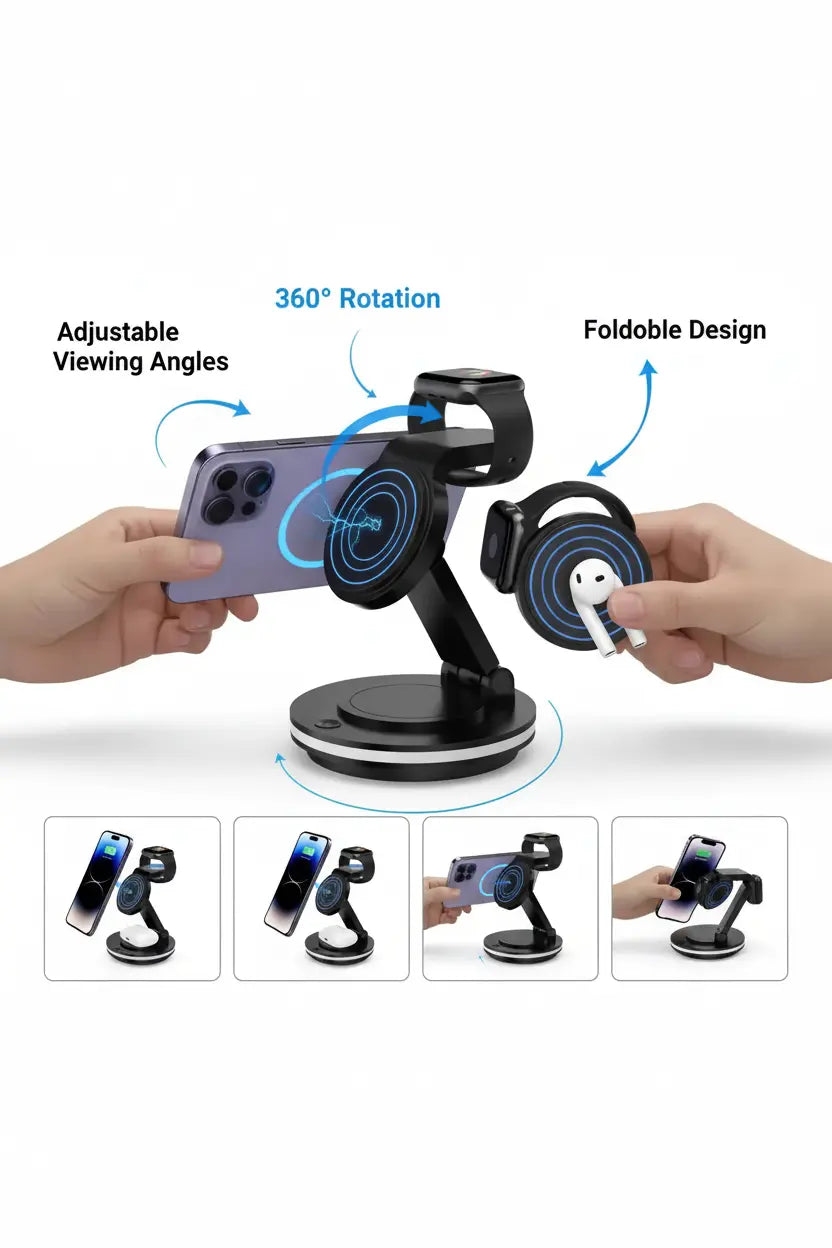 3 in 1 Charging Station for Apple Devices 15W Fast Charger Stand Magnetic Wireless Charger Station Rotatable & Foldable with Night Light for iPhone15/14/13/12/Apple Watch/AirPods (Black)