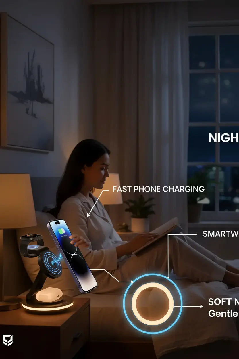 3 in 1 Charging Station for Apple Devices 15W Fast Charger Stand Magnetic Wireless Charger Station Rotatable & Foldable with Night Light for iPhone15/14/13/12/Apple Watch/AirPods (Black)