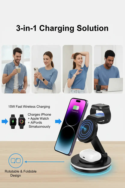 3 in 1 Charging Station for Apple Devices 15W Fast Charger Stand Magnetic Wireless Charger Station Rotatable & Foldable with Night Light for iPhone15/14/13/12/Apple Watch/AirPods (Black)