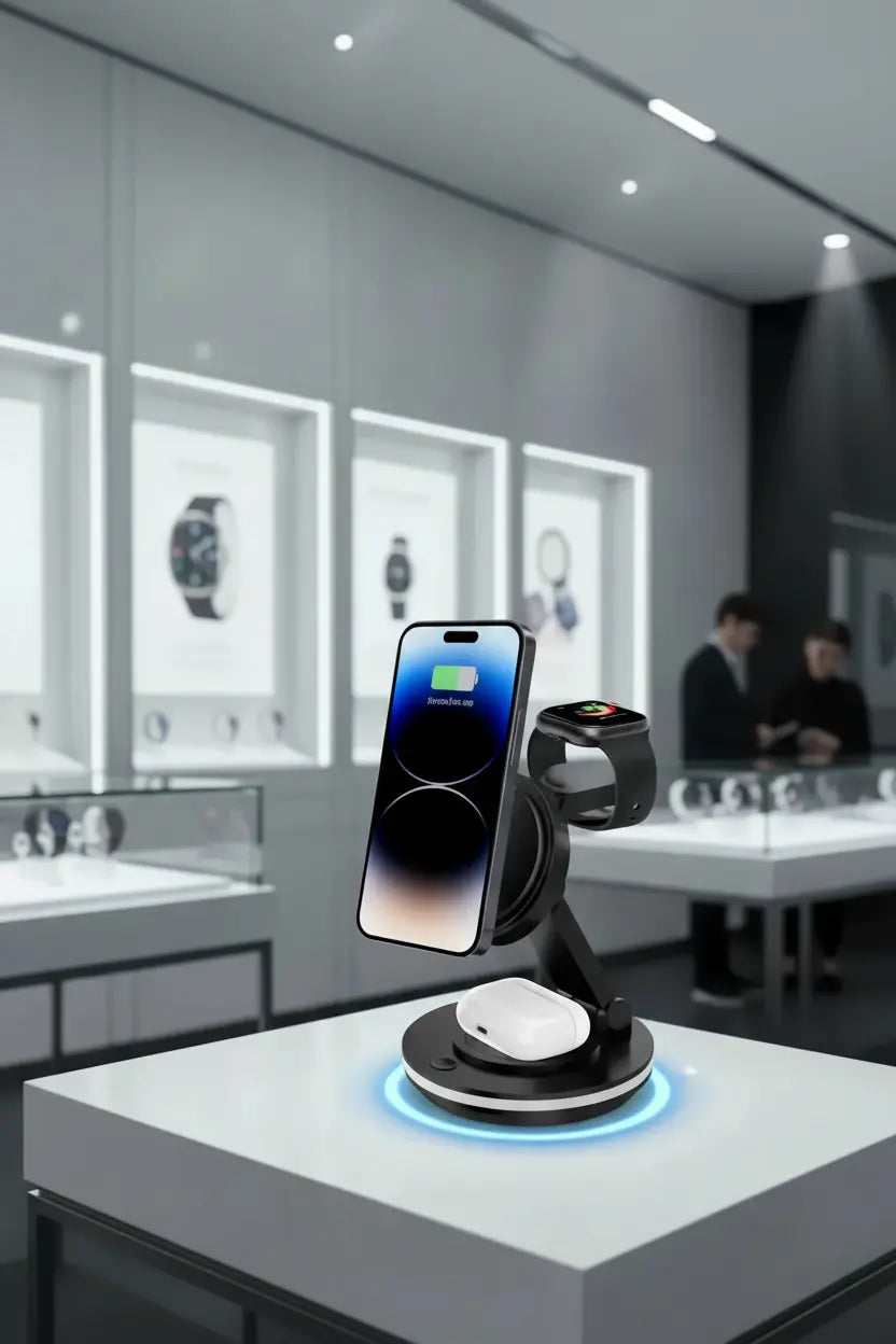 3 in 1 Charging Station for Apple Devices 15W Fast Charger Stand Magnetic Wireless Charger Station Rotatable & Foldable with Night Light for iPhone15/14/13/12/Apple Watch/AirPods (Black)