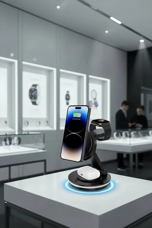 3 in 1 Charging Station for Apple Devices 15W Fast Charger Stand Magnetic Wireless Charger Station Rotatable & Foldable with Night Light for iPhone15/14/13/12/Apple Watch/AirPods (Black)