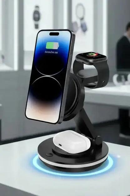 3 in 1 Charging Station for Apple Devices 15W Fast Charger Stand Magnetic Wireless Charger Station Rotatable & Foldable with Night Light for iPhone15/14/13/12/Apple Watch/AirPods (Black)