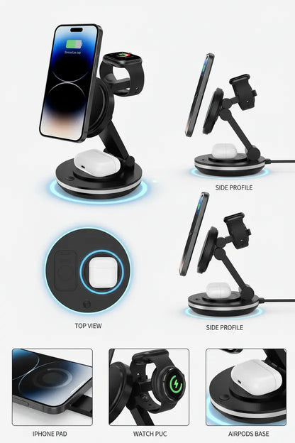 3 in 1 Charging Station for Apple Devices 15W Fast Charger Stand Magnetic Wireless Charger Station Rotatable & Foldable with Night Light for iPhone15/14/13/12/Apple Watch/AirPods (Black)