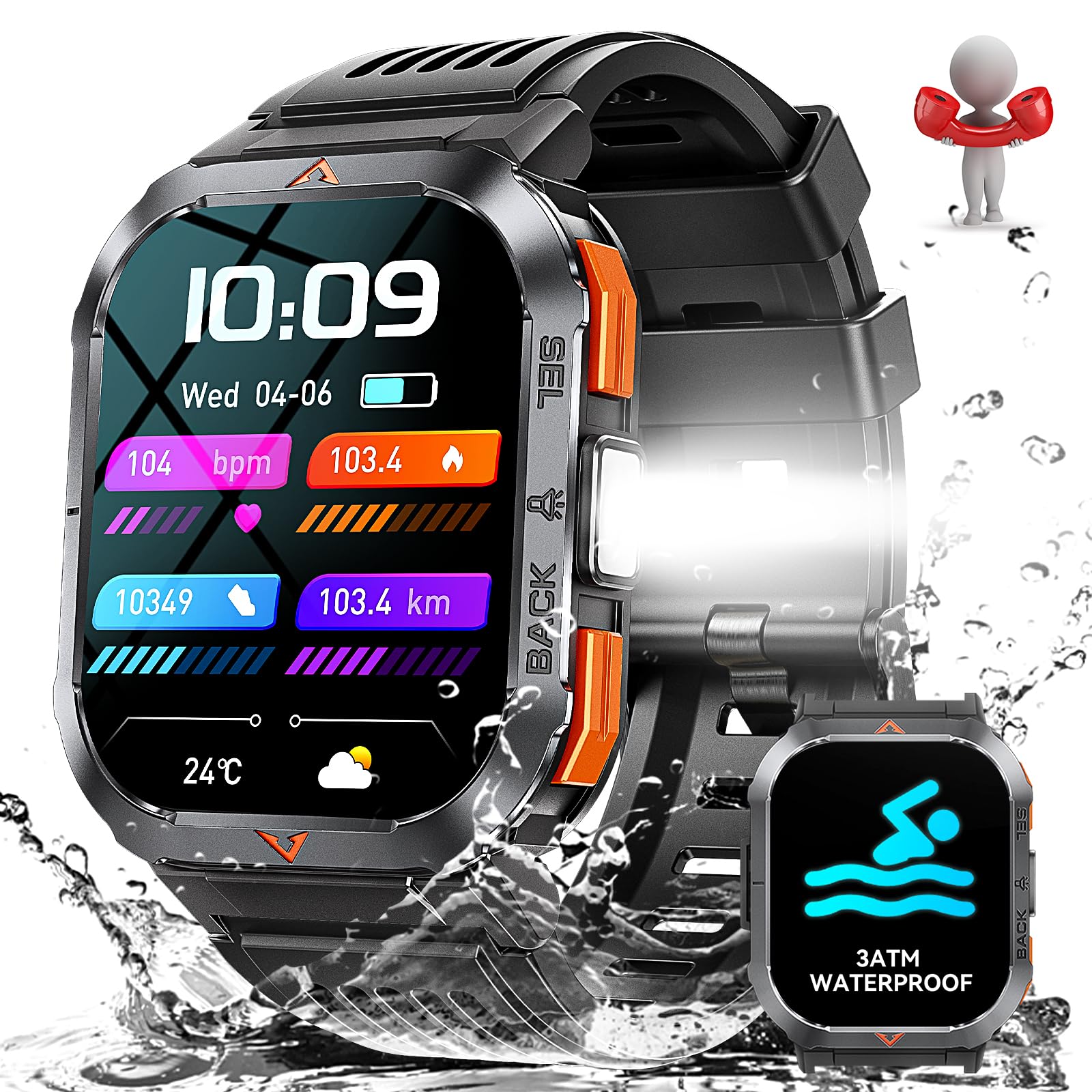 Black tactical smartwatch splashing, showing 3ATM waterproof icon.