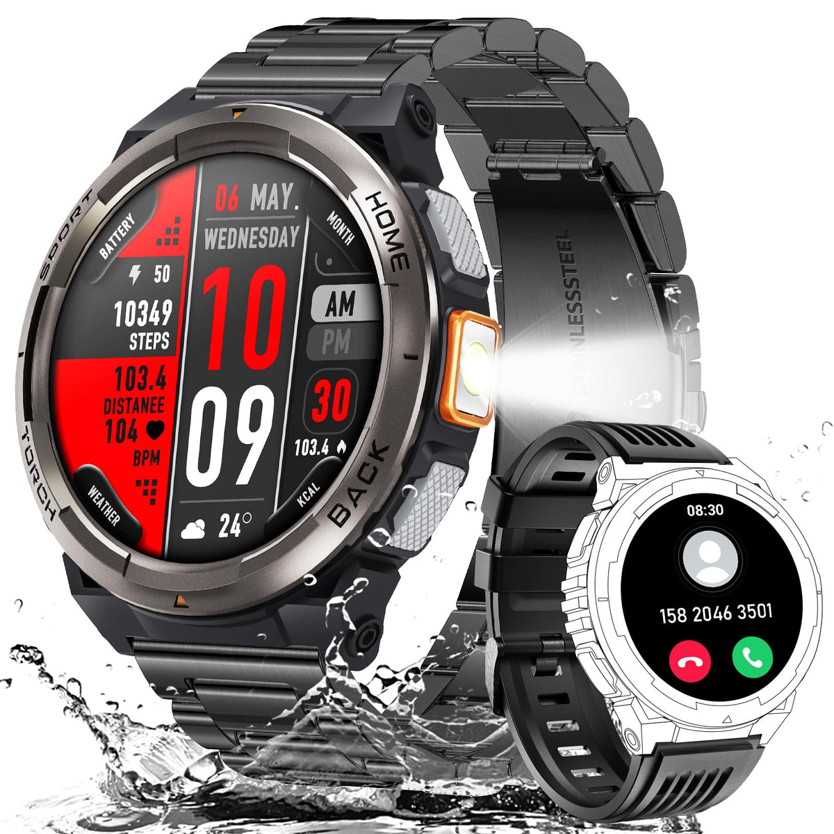 EIGIIS KE5 Military Smart Watch for Men with Flashlight SOS 3ATM Waterproof Watch 530mAh Big Battery 1.45" Rugged Tactical Smartwatch with Compass Elevation Barometer Fitness Watch for iPhone Android