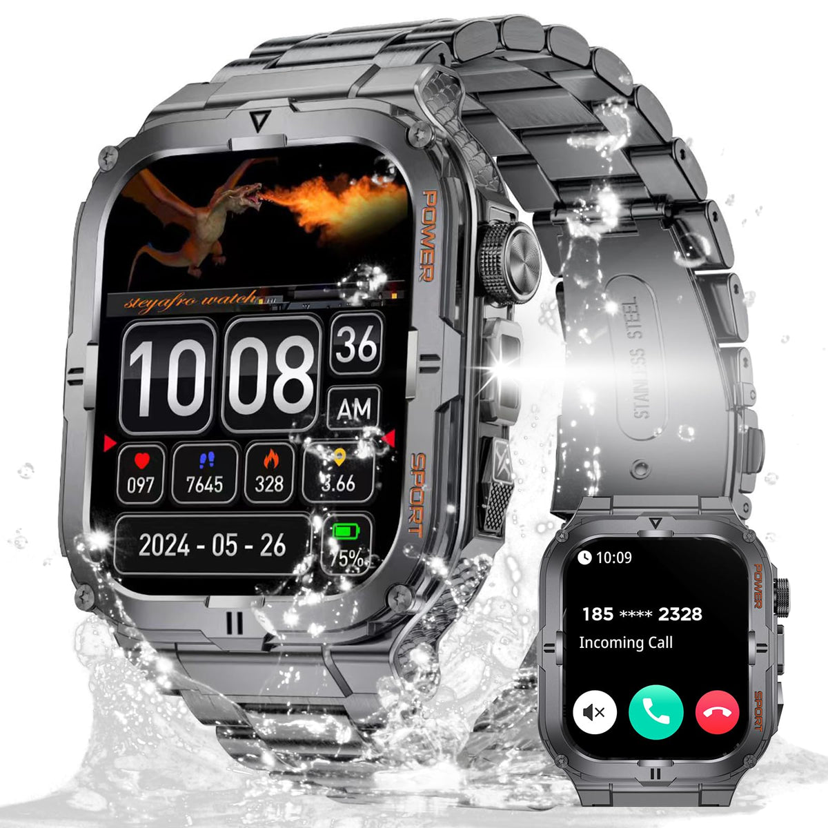 Military Smart Watch for Men with LED Flashlight 3ATM Waterproof 1.96" Big Screen Rugged Tactical Smartwatch with Call Sports Fitness Tracker with Heart Rate Sleep Monitor for iPhone Android (Black)