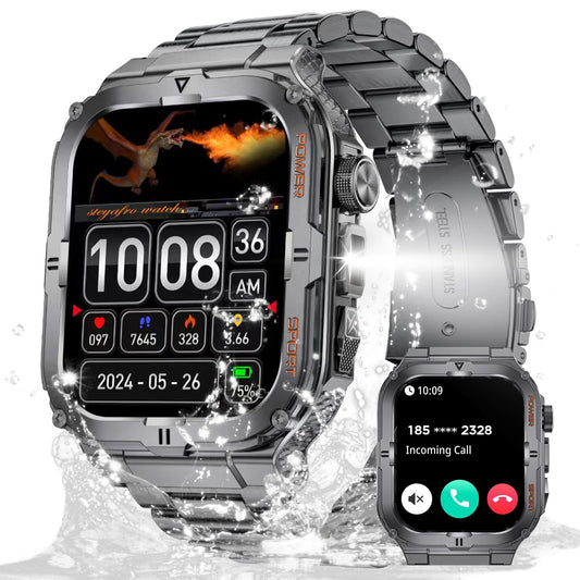Military Smart Watch for Men with LED Flashlight 3ATM Waterproof 1.96" Big Screen Rugged Tactical Smartwatch with Call Sports Fitness Tracker with Heart Rate Sleep Monitor for iPhone Android (Black)
