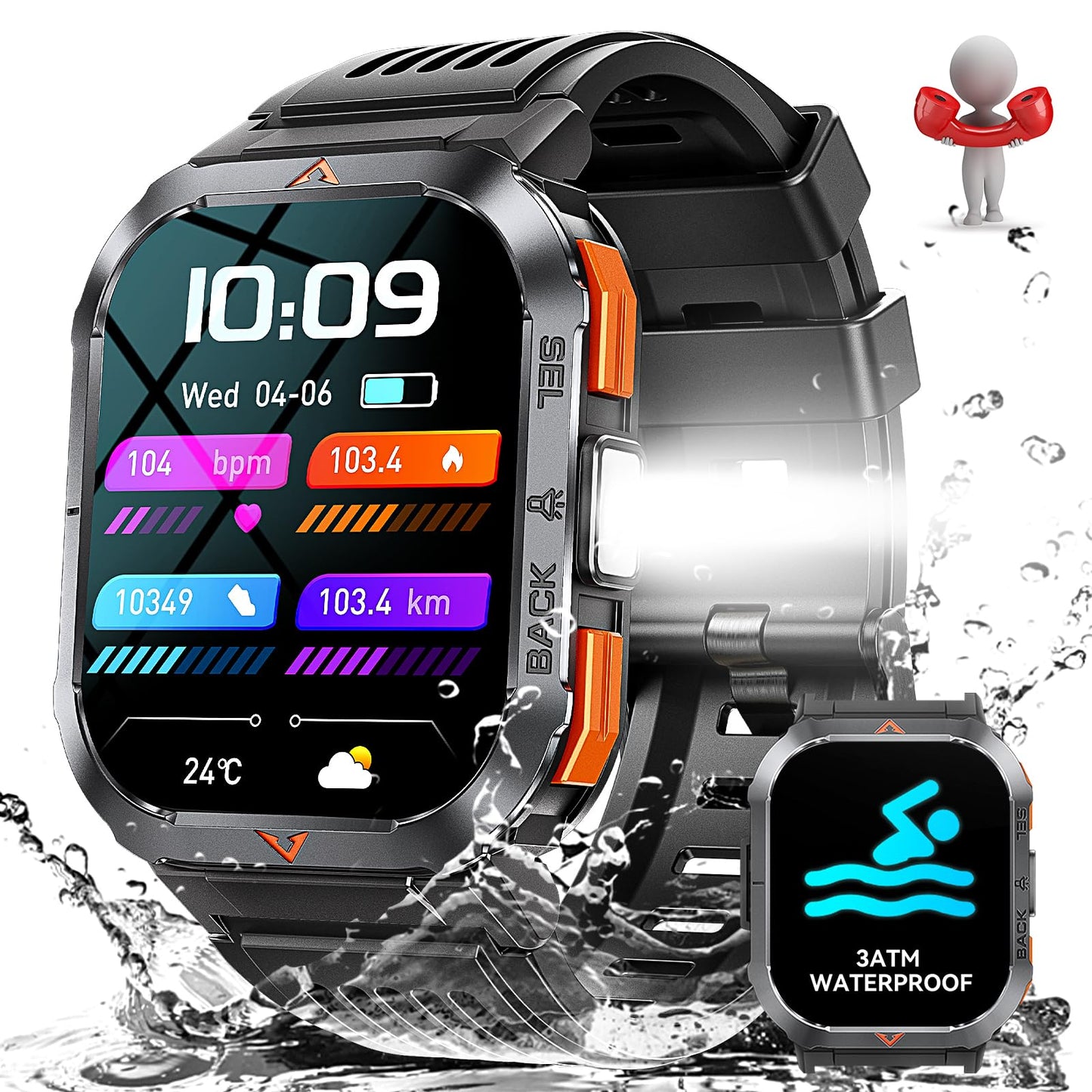 Military Smart Watch for Men with Call LED Flashlight 3ATM Waterproof 2.02" Large Screen Rugged Tactical Smartwatch with Compass Fitness Watch with Heart Rate Blood Pressure Monitor for iPhone Android