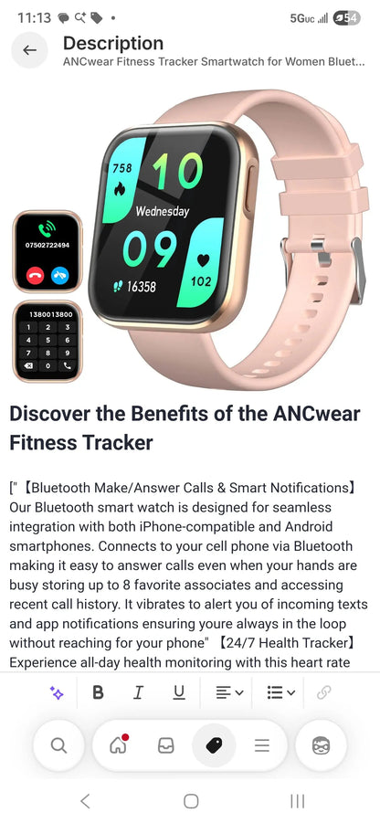 ANCwear Fitness Tracker Smartwatch for Women Bluetooth Calling iOS Compatible IP67 Waterproof Heart Rate Monitor Activity/Sleep Tracker (Rose Gold)