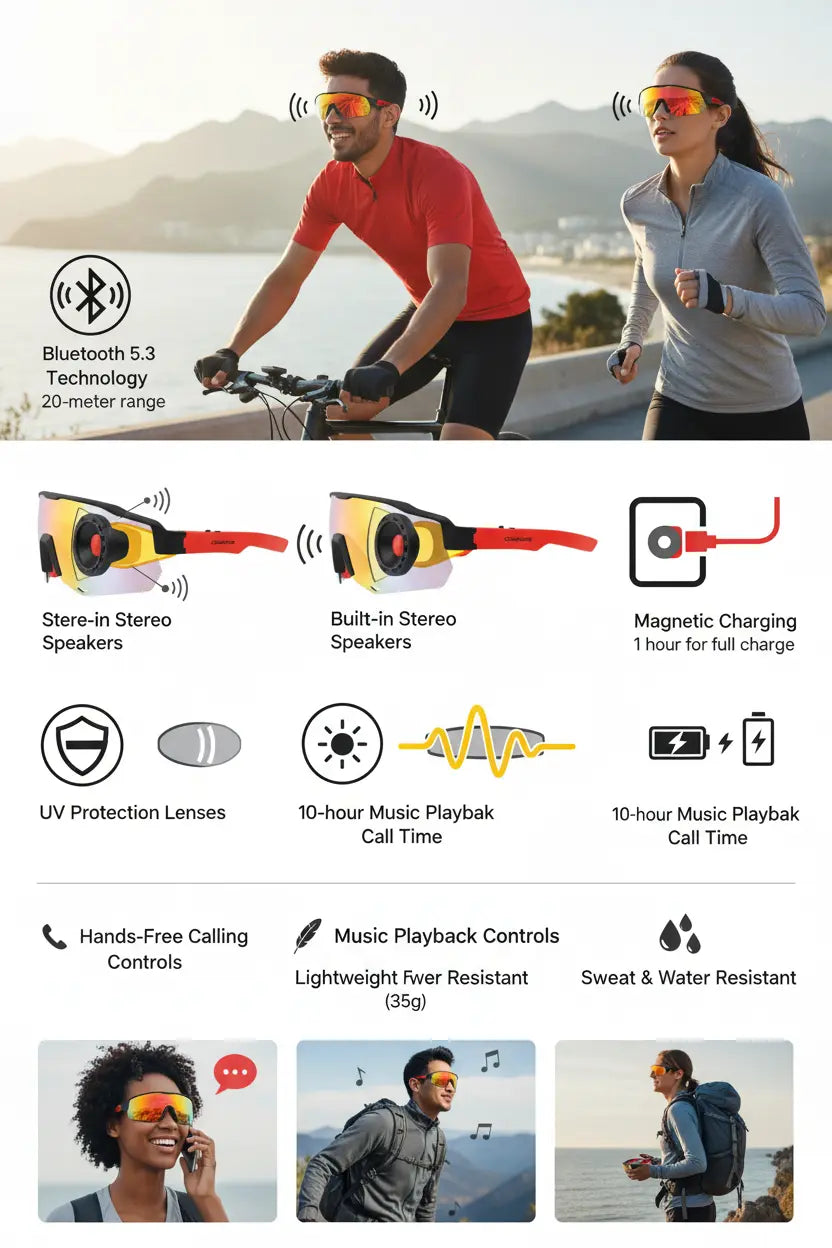 COSMOING Sport Smart Sunglasses Cycling Bluetooth Sunglasses for Men Women Magnetic Charging Bluetooth 5.3 with UV Protection Stereo Audio Wireless Headset for Cycling Running Hiking