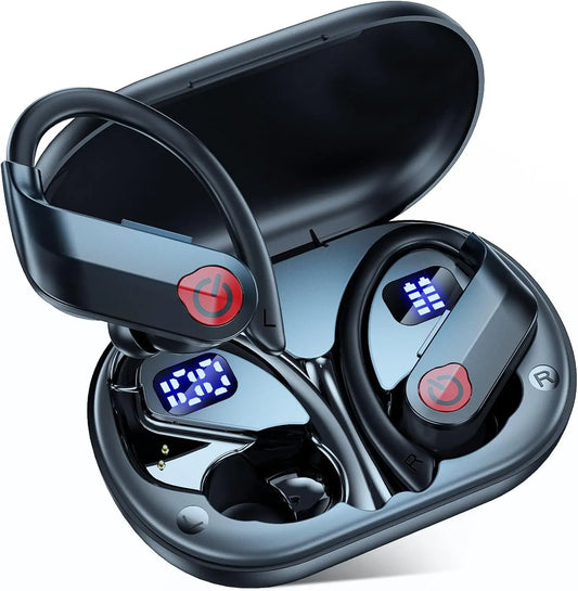 Wireless Earbuds Bluetooth Headphones Sports Over-Ear Bluetooth 5.3 Ear Buds with Earhooks 120H Playtime Wireless Headphones for Workout Waterproof Bluetooth LED Power Display Black