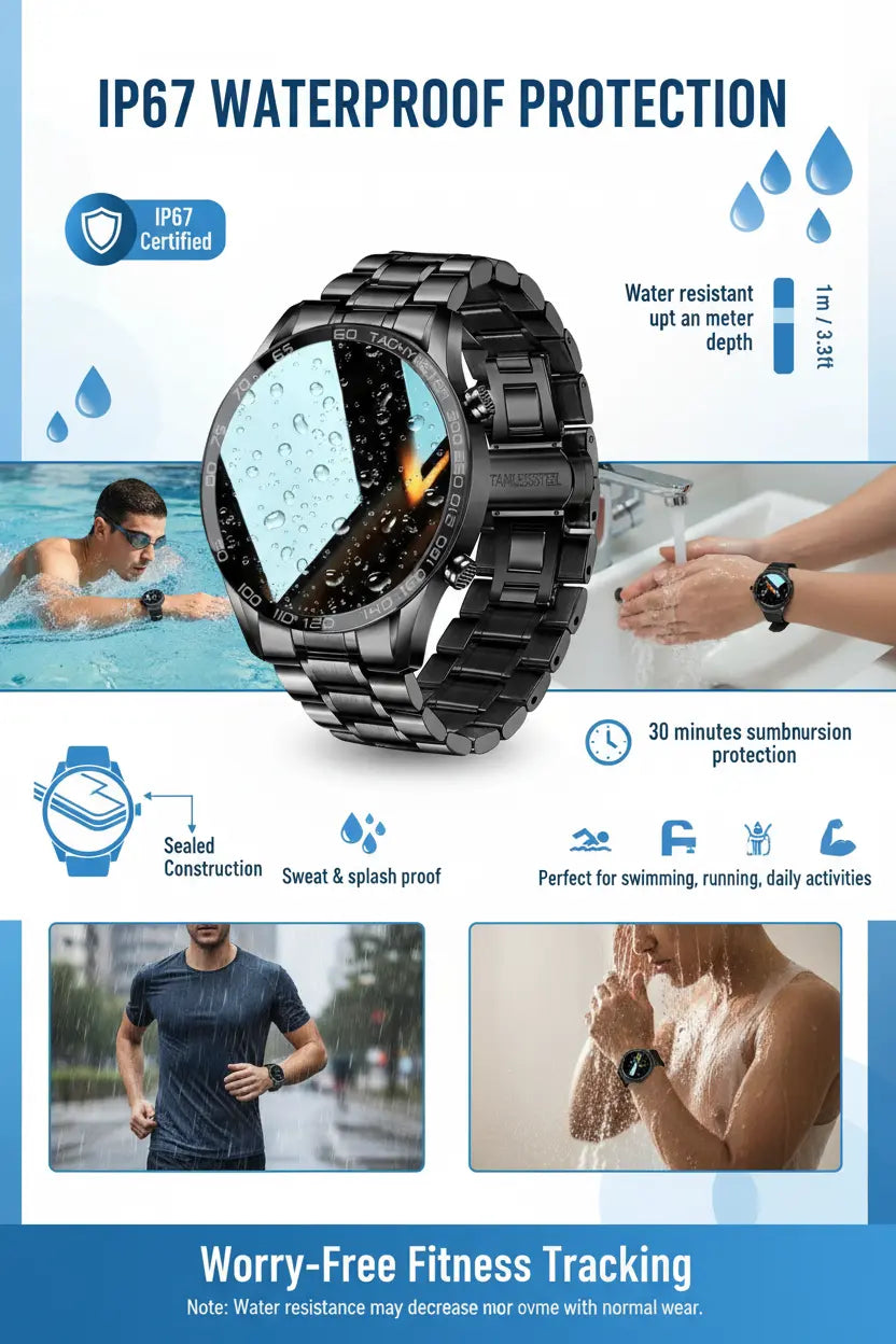FILIEKEU Men Smart Watch for Android iOS Bluetooth Calls Voice Chat with Heart Rate/Sleep Monitor Fitness Tracker 1.3" Full Touch Screen IP67 Waterproof Stainless Steel Activity Tracker for Men
