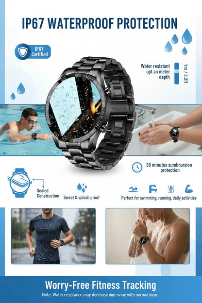FILIEKEU Men Smart Watch for Android iOS Bluetooth Calls Voice Chat with Heart Rate/Sleep Monitor Fitness Tracker 1.3" Full Touch Screen IP67 Waterproof Stainless Steel Activity Tracker for Men