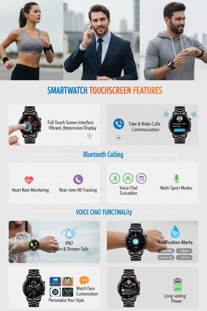 FILIEKEU Men Smart Watch for Android iOS Bluetooth Calls Voice Chat with Heart Rate/Sleep Monitor Fitness Tracker 1.3" Full Touch Screen IP67 Waterproof Stainless Steel Activity Tracker for Men