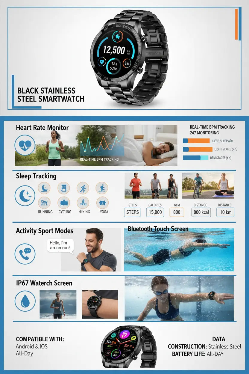 FILIEKEU Men Smart Watch for Android iOS Bluetooth Calls Voice Chat with Heart Rate/Sleep Monitor Fitness Tracker 1.3" Full Touch Screen IP67 Waterproof Stainless Steel Activity Tracker for Men