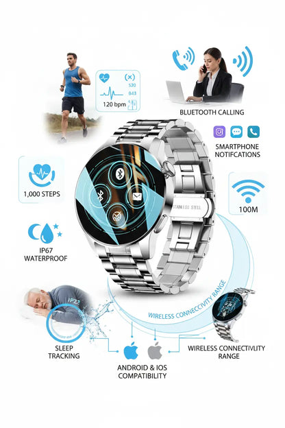 FILIEKEU Men Women Smart Watch Bluetooth Calls Heart Rate Sleep Monitor Steps Mens Smart Watch IP67 Waterproof Fitness Tracker Casual Silver Stainless Steel Smart Watches for Android iOS