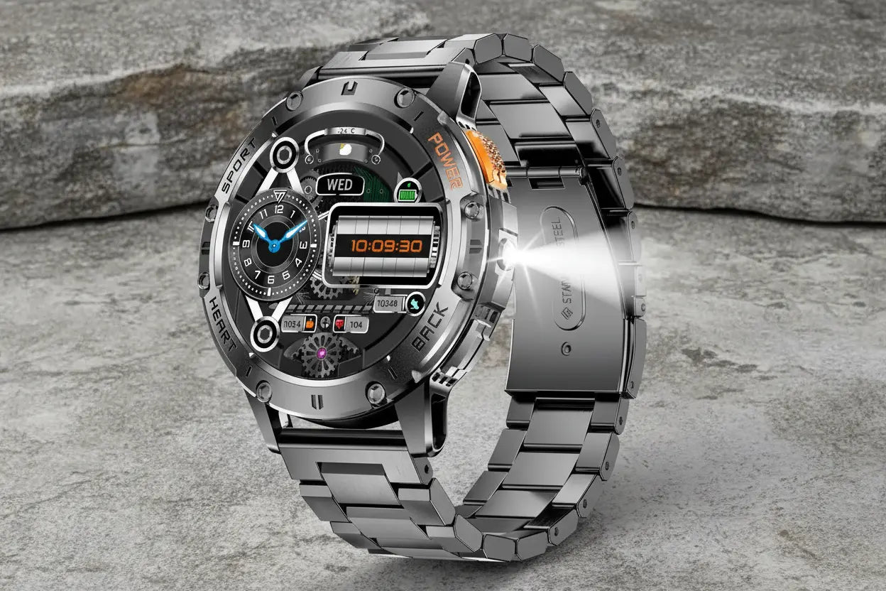 FOXBOX Military Smart Watch for Men with Flashlight The Blue Coil