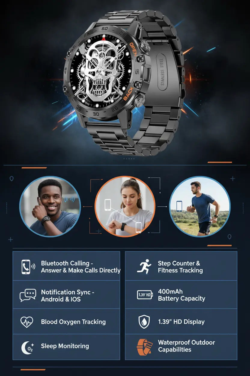 FOXBOX Smart Watch for Men Answer/Make Call for Android iOS 400mAh Military Smartwatch Heart Rate Blood Oxygen Sleep Monitor Step Counter 2 Straps1.39" HD Waterproof Outdoor Smart Watches Black