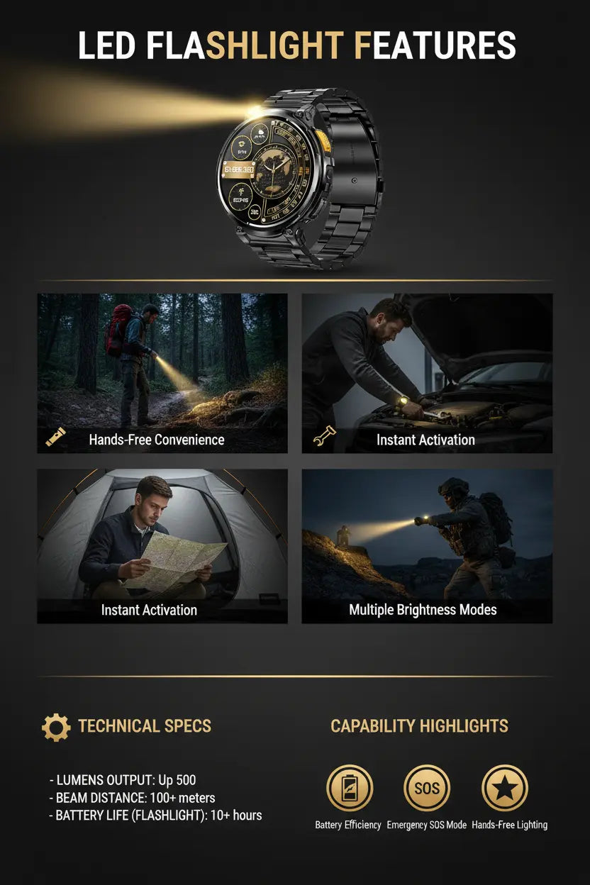 Foxhawk Military Smart Watch for Men with LED Flashlight 1.85” Rugged Smart Watch 730mAh Battery 114 Sports Modes Fitness Watch Heart Rate Sleep Tracker Tactical Smartwatch for iOS Android