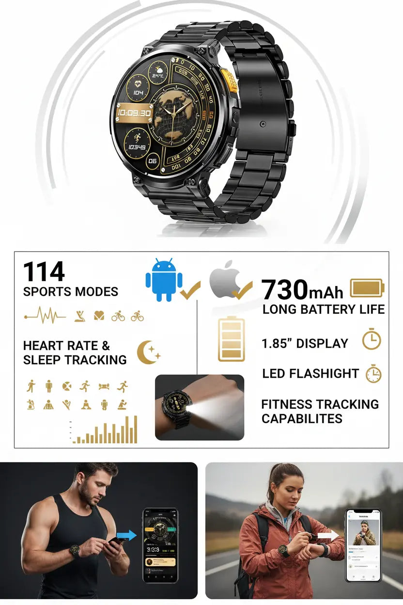 Foxhawk Military Smart Watch for Men with LED Flashlight 1.85” Rugged Smart Watch 730mAh Battery 114 Sports Modes Fitness Watch Heart Rate Sleep Tracker Tactical Smartwatch for iOS Android