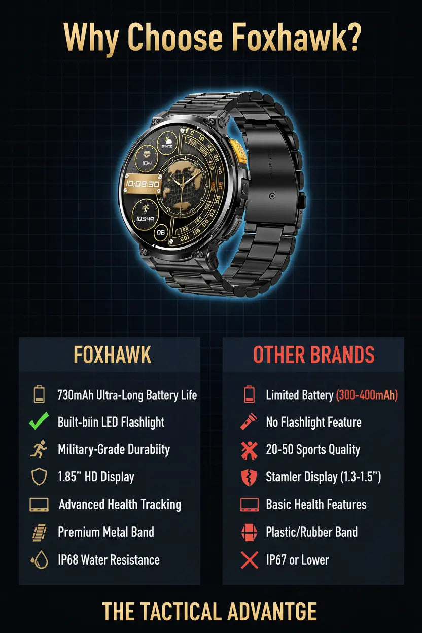 Foxhawk Military Smart Watch for Men with LED Flashlight 1.85” Rugged Smart Watch 730mAh Battery 114 Sports Modes Fitness Watch Heart Rate Sleep Tracker Tactical Smartwatch for iOS Android