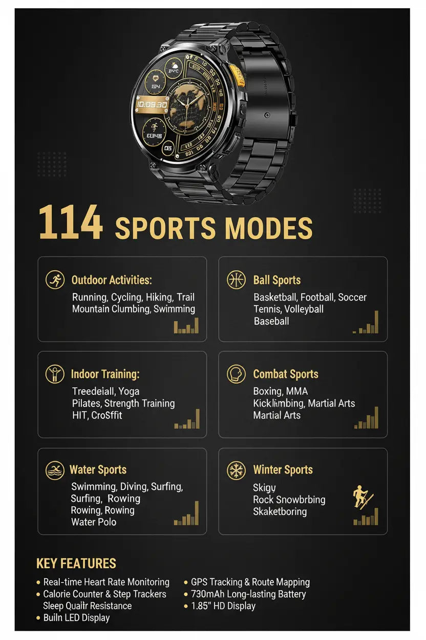 Foxhawk Military Smart Watch for Men with LED Flashlight 1.85” Rugged Smart Watch 730mAh Battery 114 Sports Modes Fitness Watch Heart Rate Sleep Tracker Tactical Smartwatch for iOS Android