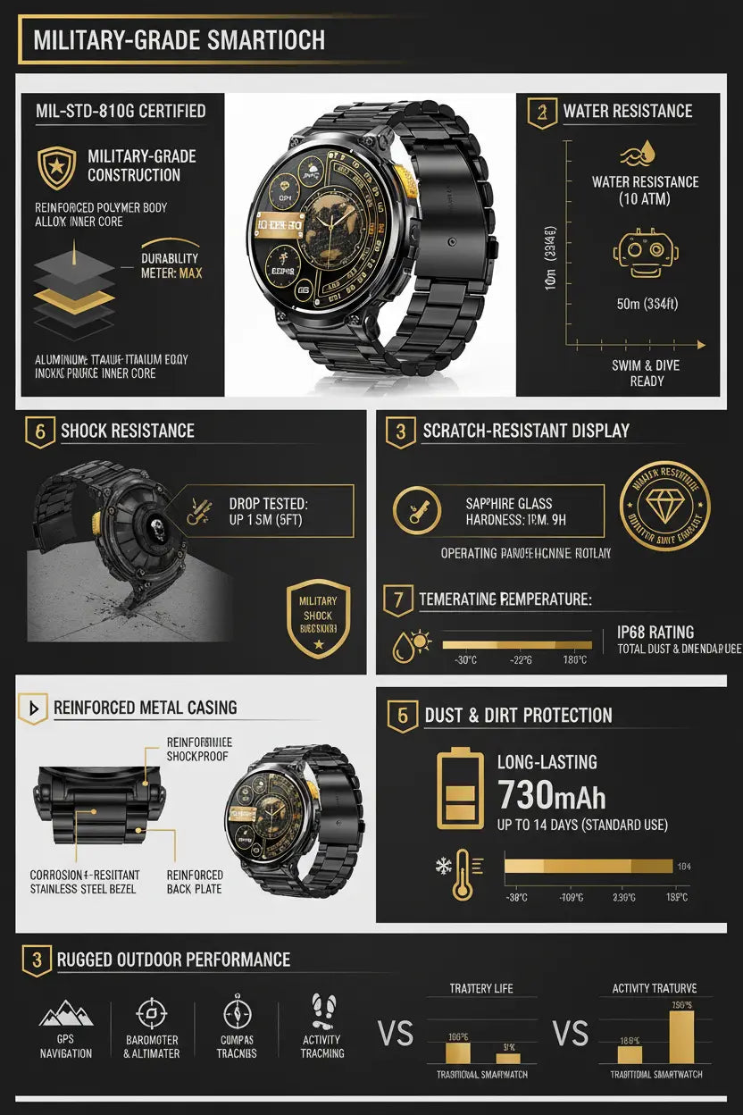 Foxhawk Military Smart Watch for Men with LED Flashlight 1.85” Rugged Smart Watch 730mAh Battery 114 Sports Modes Fitness Watch Heart Rate Sleep Tracker Tactical Smartwatch for iOS Android