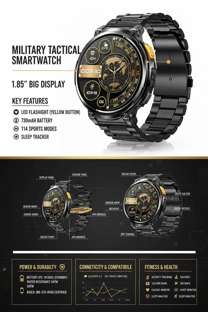 Foxhawk Military Smart Watch for Men with LED Flashlight 1.85” Rugged Smart Watch 730mAh Battery 114 Sports Modes Fitness Watch Heart Rate Sleep Tracker Tactical Smartwatch for iOS Android